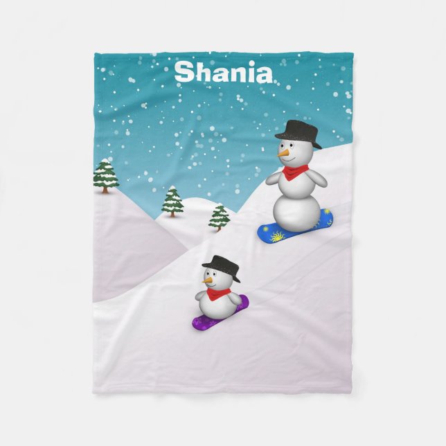 Cute Snowboarding Snowmen Fleece Blanket (Front)