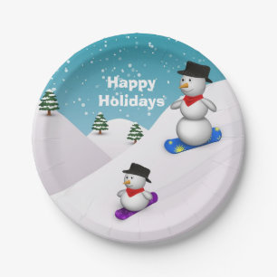 Cute Snowboarding Snowmen Paper Plate