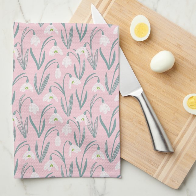 Cute Snowdrops pink Kitchen Towel (Quarter Fold)
