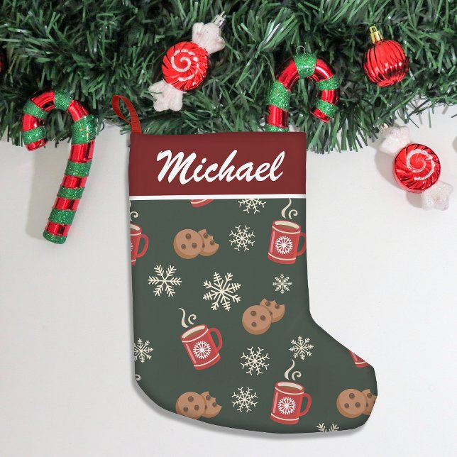 Cute Snowflake Cookie & Cocoa Green Pattern Small Christmas Stocking (Add festive charm to your home with our stylish Christmas stockings, perfect for gifts & cozy decor!)