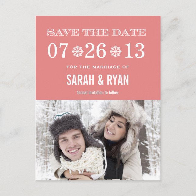 Cute Snowflake Peach Save the Date Photo Postcards (Front)