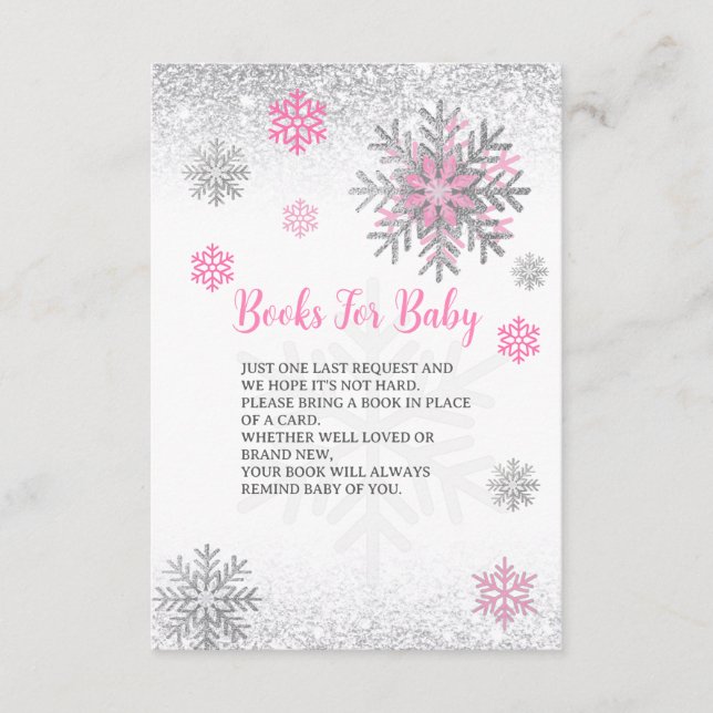 Cute Snowflake Pink & Silver Baby's Book Request  Enclosure Card (Front)