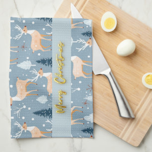 Cute Snowflake Reindeer Modern Elegant Pastel Blue Kitchen Towel
