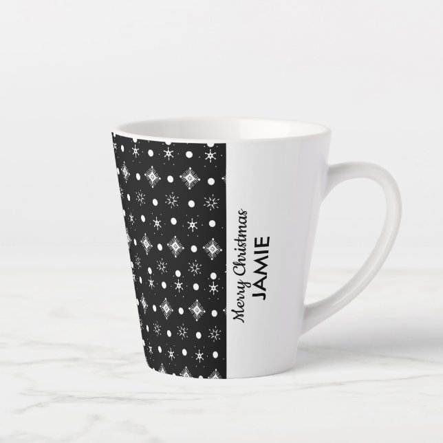 Cute Snowflakes Black White Colorblock Name Latte Mug (Right)