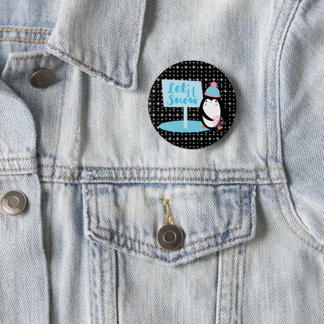 Cute Snowflakes  Black White Penguin   2 Inch Round Button (In Situ)