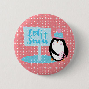 Cute Snowflakes Black White Penguin Button