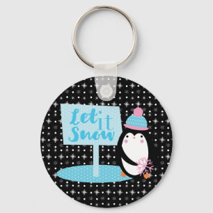 Cute Snowflakes  Black White Penguin   Button Keychain