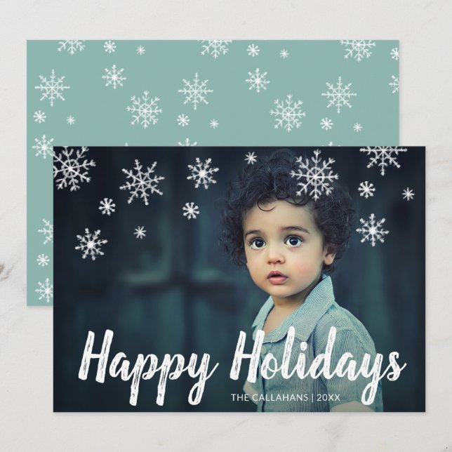 Cute Snowflakes Chalk Script Photo Happy Holidays Holiday Card (Front/Back)