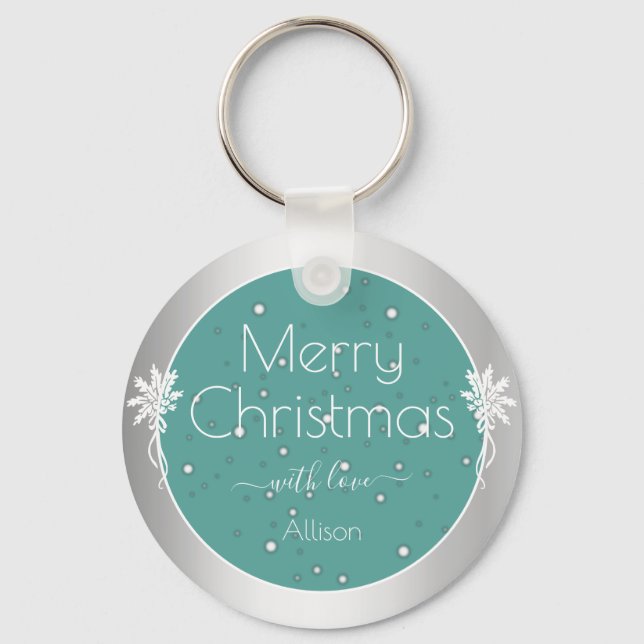Cute Snowflakes Christmas Wishes Greetings Blue Keychain (Front)