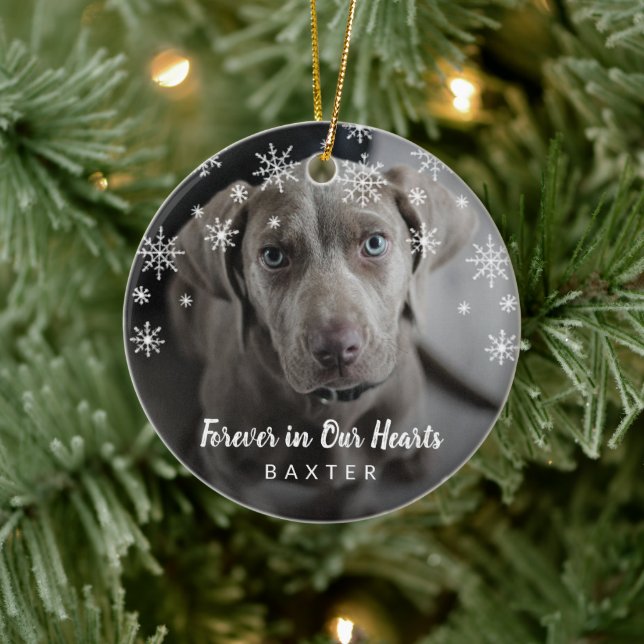 Cute Snowflakes Dog Photo Pet Memorial Ceramic Ornament (Tree)