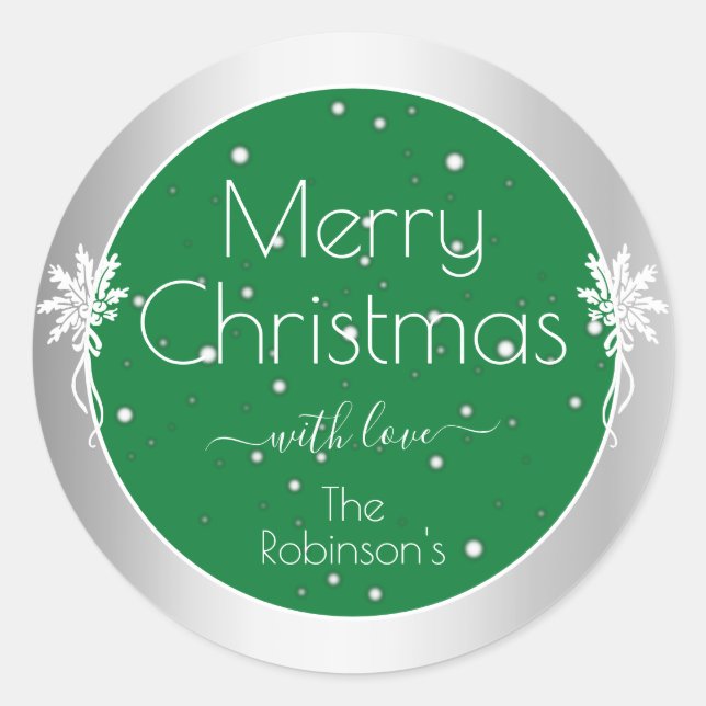 Cute Snowflakes Green and Silver Coloured Xmas Classic Round Sticker (Front)