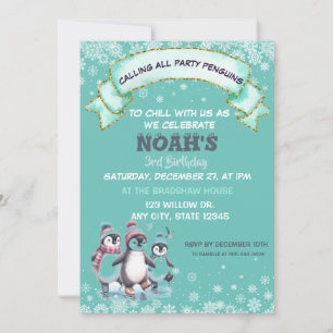 cute Snowflakes Penguin Birthday Invitation