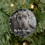 Cute Snowflakes Photo Dog My First Christmas Ceramic Ornament<br><div class="desc">Did you get a new puppy this year? Add a memory to your tree with this modern keepsake ornament featuring a simple yet elegant design with the message "My First Christmas" in white chalk script and snowflakes along with your dog's name and the year, over your favorite photo. Add the...</div>