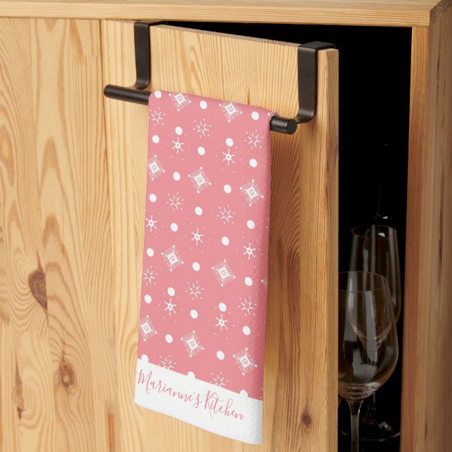 Cute Snowflakes Pink White Pattern Script Name   Kitchen Towel (Thirds Fold)