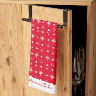 Cute Snowflakes White Pattern Script Name Red Kitchen Towel