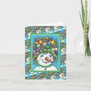 CUTE SNOWGIRL IN CHRISTMAS PARTY HAT, COLORFUL CARD