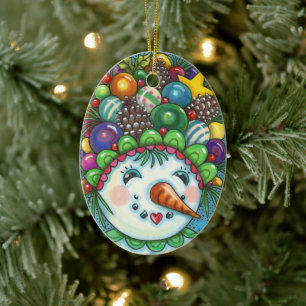 CUTE SNOWGIRL IN CHRISTMAS PARTY HAT, COLORFUL CERAMIC ORNAMENT