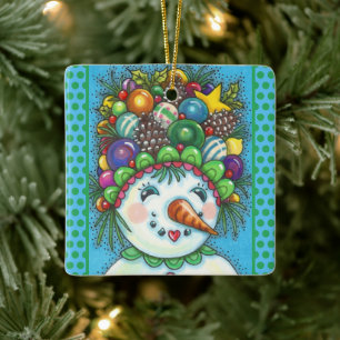 CUTE SNOWGIRL IN CHRISTMAS PARTY HAT, COLORFUL CERAMIC ORNAMENT