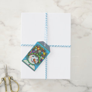 CUTE SNOWGIRL IN CHRISTMAS PARTY HAT, COLORFUL GIFT TAGS