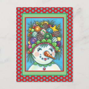 CUTE SNOWGIRL IN CHRISTMAS PARTY HAT, COLORFUL POSTCARD