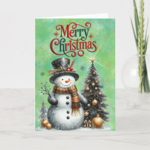 Cute Snowman and Christmas Tree Holiday Card