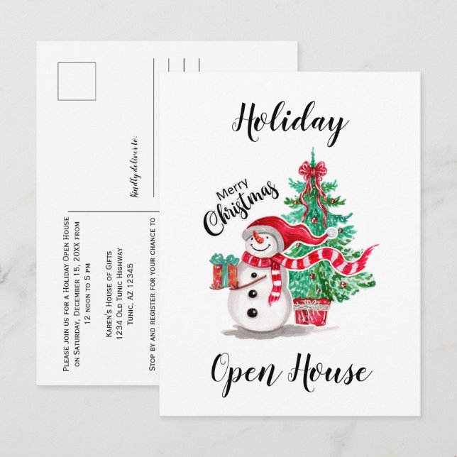 Cute Snowman and Christmas Tree Open House Postcard (Front/Back)