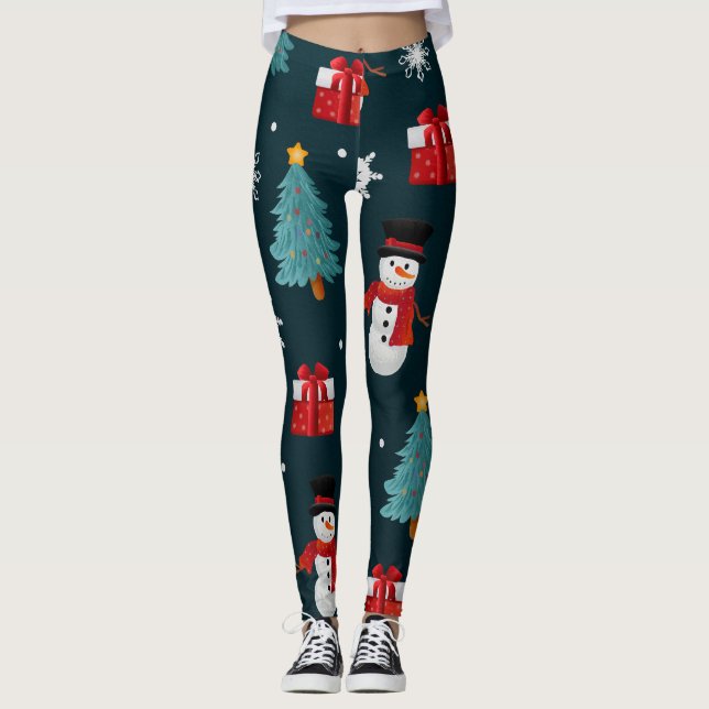 Cute Snowman and Christmas Tree Pattern Leggings (Devant)