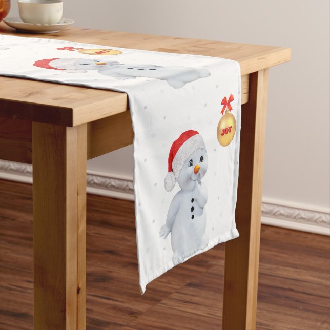 Cute snowman and golden ball on white medium table runner (In Situ)