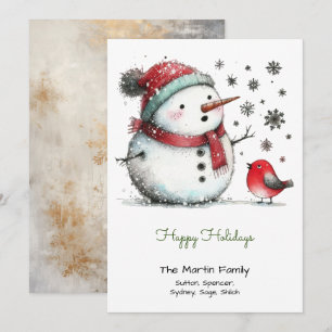Cute Snowman and Red Bird Green Happy Holiday Card