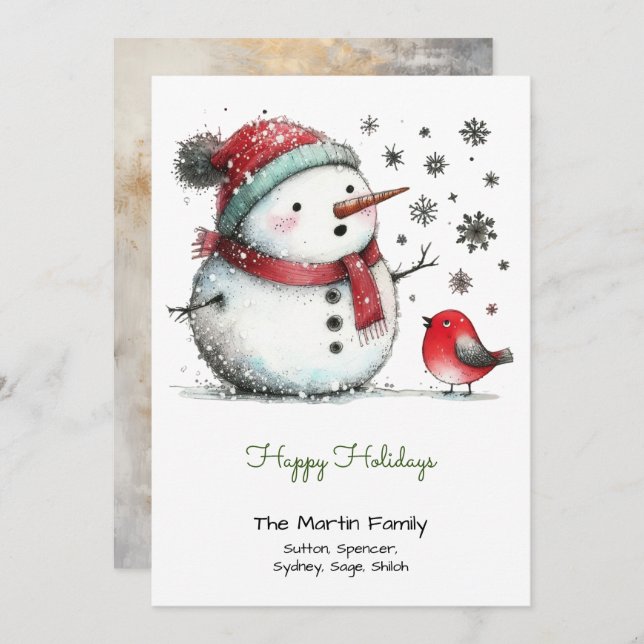Cute Snowman and Red Bird Happy  Holiday Card (Front/Back)