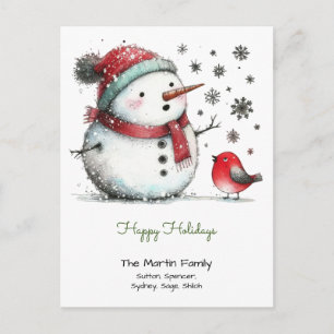 Cute Snowman and Red Bird Happy Holidays Postcard