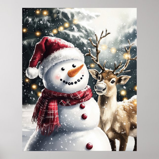 Cute Snowman and Reindeer Christmas Wall Art (Front)