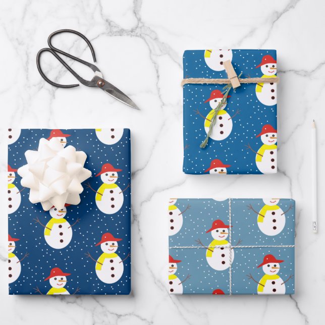 Cute snowman and snow on blue wrapping paper sheet (Front)