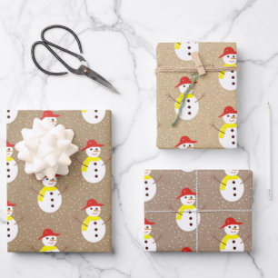 Cute snowman and snow on brown beige kraft paper