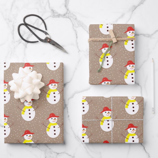 Cute snowman and snow on brown kraft  wrapping paper sheet (Front)