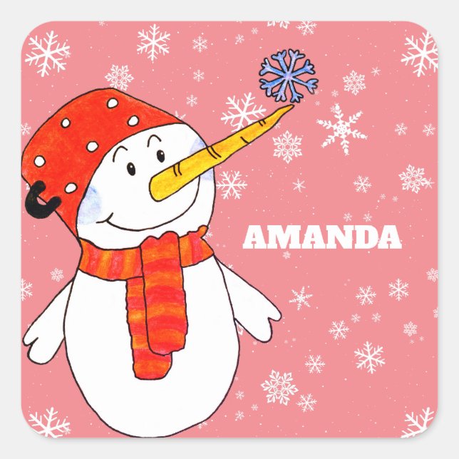Cute Snowman and Snowflakes Kids Christmas Square Sticker (Front)