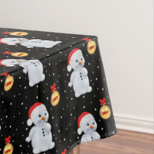 Cute Snowman and Snowflakes on Black Tablecloth