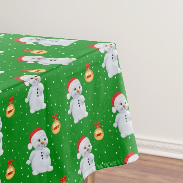 Cute Snowman and Snowflakes on Green Tablecloth (In Situ)