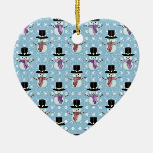 Cute Snowman and Snowflakes Pattern Ceramic Ornament (Front)