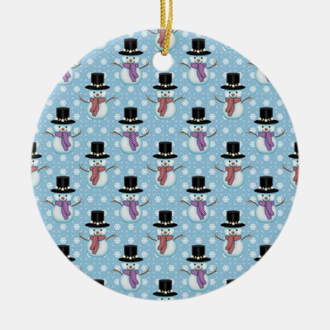 Cute Snowman and Snowflakes Pattern Ceramic Ornament (Front)
