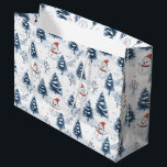 Cute Snowman And Snowy Trees Merry Christmas Large Gift Bag<br><div class="desc">A cute Snowman and snowy trees Christmas gift bag with snowmen wearing red Santa hats and fir trees covered in snow with a snowy white background. Merry Christmas text in blue can be personalized as needed , change to a name or another greeting as per your needs . A cute...</div>