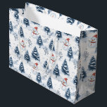 Cute Snowman And Snowy Trees Merry Christmas Large Gift Bag<br><div class="desc">A cute Snowman and snowy trees Christmas gift bag with snowmen wearing red Santa hats and fir trees covered in snow with a snowy white background. Merry Christmas text in blue can be personalized as needed , change to a name or another greeting as per your needs . A cute...</div>