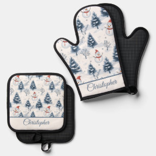 Cute Snowman And Snowy Trees Merry Christmas Oven Mitt & Pot Holder Set
