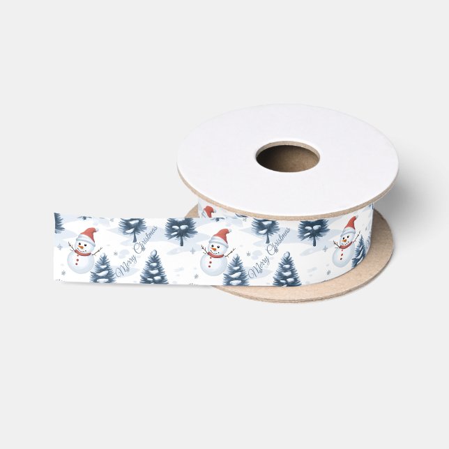 Cute Snowman And Snowy Trees Merry Christmas Satin Ribbon (Spool)