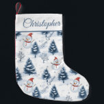 Cute Snowman And Snowy Trees Merry Christmas Small Christmas Stocking<br><div class="desc">A cute Snowman and snowy trees Christmas Stocking with snowmen wearing red Santa hats and fir trees covered in snow with a snowy white background. Merry Christmas greeting in blue can be customized as needed then personalize with a name to make this a unique fun christmas stocking for the holiday...</div>