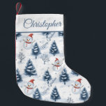Cute Snowman And Snowy Trees Merry Christmas Small Christmas Stocking<br><div class="desc">A cute Snowman and snowy trees Christmas Stocking with snowmen wearing red Santa hats and fir trees covered in snow with a snowy white background. Merry Christmas greeting in blue can be customized as needed then personalize with a name to make this a unique fun christmas stocking for the holiday...</div>