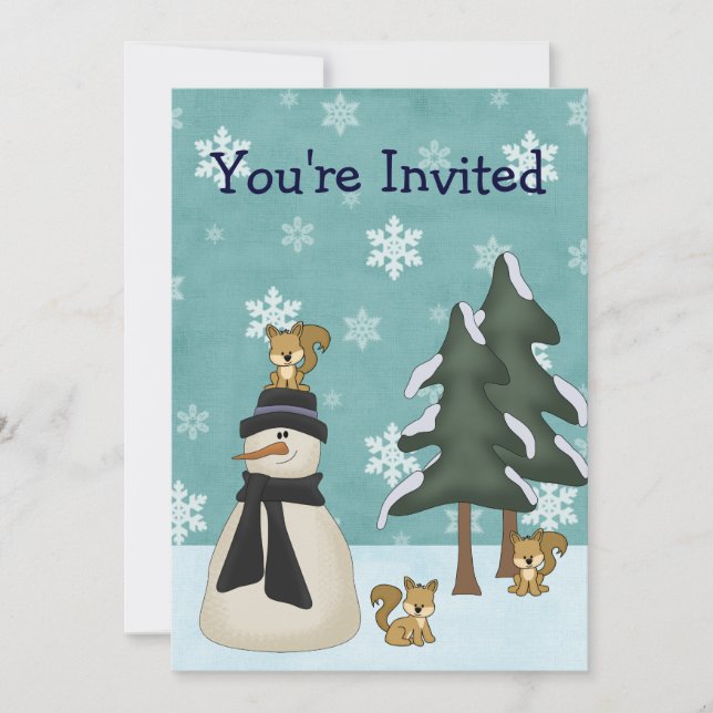 Cute Snowman and Squirrels Winter Birthday Invitation (Front)