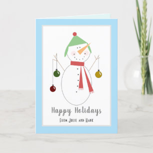 Cute Snowman avec ornements de Noël Carte de vacan