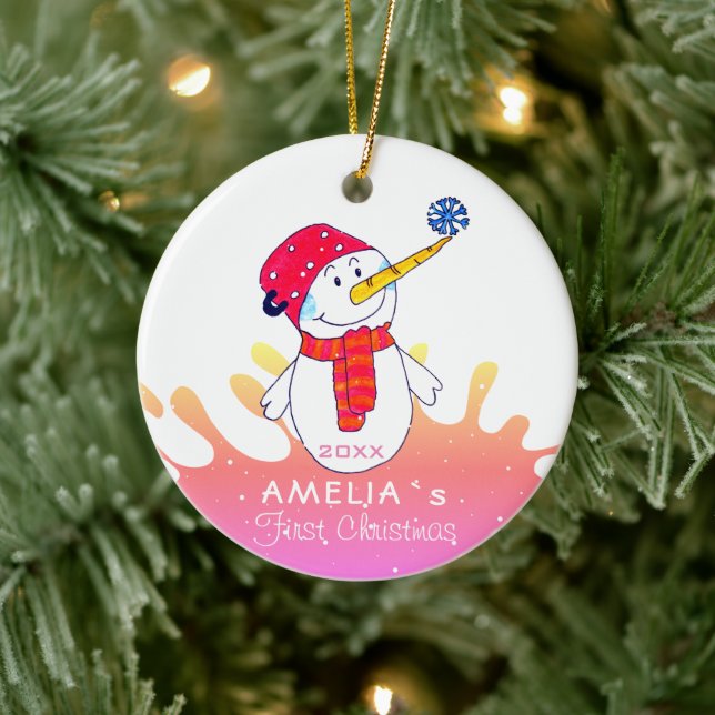 Cute Snowman Baby`s First Christmas Ceramic Ornament (Tree)