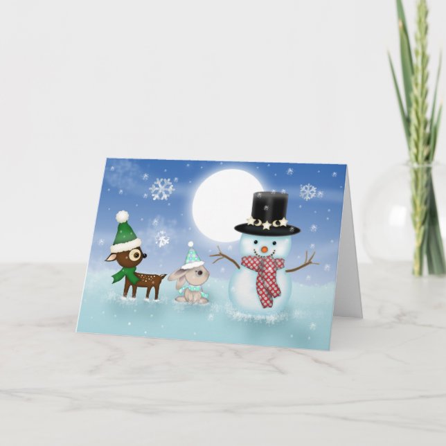 Cute Snowman Bunny and Reindeer Christmas Card (Front)